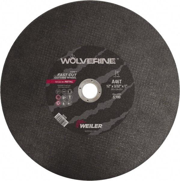 Weiler - 12" 46 Grit Aluminum Oxide Cutoff Wheel - 3/32" Thick, 1" Arbor, 5,100 Max RPM, Use with Chop Saws - USA Tool & Supply