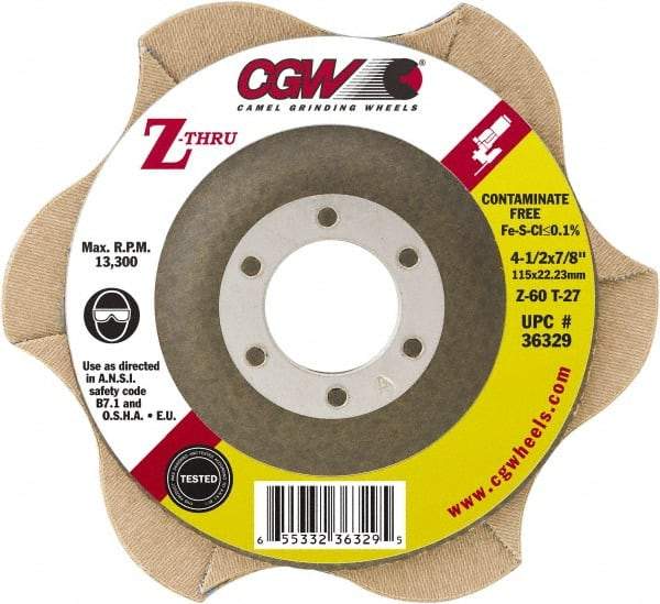 Camel Grinding Wheels - 80 Grit, 4-1/2" Disc Diam, 5/8-11 Center Hole, Type 27 Zirconia Alumina Flap Disc - 13,300 Max RPM, Poly Cotton Backing, Arbor Attaching System, Coated - USA Tool & Supply