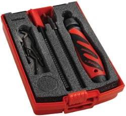Shaviv - 11 Piece High Speed Steel Blade Hand Deburring Tool Set - C, E Blade Holder, E100P, E111, E200, E300, E600, E700;C42 Blades, For Straight Edge, Hole Edge, Hole Inner Surface, Flat Surface, Slot/Keyway - USA Tool & Supply
