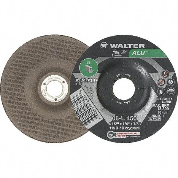 WALTER Surface Technologies - 24 Grit, 4-1/2" Wheel Diam, 1/4" Wheel Thickness, 7/8" Arbor Hole, Type 27 Depressed Center Wheel - Aluminum Oxide, 13,300 Max RPM - USA Tool & Supply