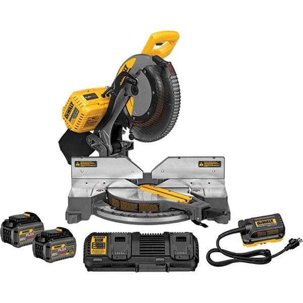 DeWALT - 15 Amp, 120 Volt, 3,800 RPM, 50° Double Bevel Miter Saw - 5/8 or 1" Arbor, 12" Blade Diam, Includes DHS716 Miter Saw, DCA120 120V Adaptor & DCA132 Charger - USA Tool & Supply
