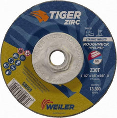Weiler - 30 Grit, 4-1/2" Wheel Diam, 1/8" Wheel Thickness, Type 27 Depressed Center Wheel - Medium Grade, Zirconia Alumina, Resinoid Bond, T Hardness, 13,300 Max RPM - USA Tool & Supply