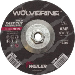 Weiler - 24 Grit, 6" Wheel Diam, 1/4" Wheel Thickness, Type 27 Depressed Center Wheel - Coarse Grade, Aluminum Oxide, Resinoid Bond, R Hardness, 10,200 Max RPM - USA Tool & Supply