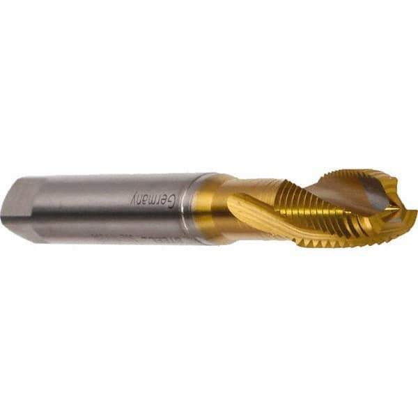 Emuge - M3x0.50 Metric 3 Flute 6H Modified Bottoming Spiral Flute Tap - Cobalt, TiN Finish, 56mm OAL, Right Hand Flute, Right Hand Thread, Series Rekord DF - Exact Industrial Supply