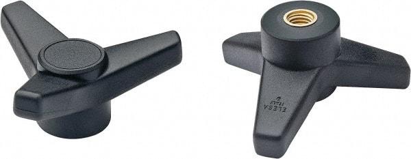 Elesa - 4" Head Diam, 3/8-16 Hole, 1-5/8" High, Glass Fibre Reinforced Technopolymer 3 Arm Knob - 1-7/16" Hub Diam, 1.42 Head Height, Female Insert Style, 3/4 Hole Depth, Black - USA Tool & Supply