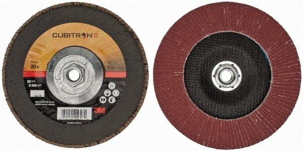 3M - 80 Grit, 7" Disc Diam, 5/8-11 Center Hole, Type 29 Ceramic Flap Disc - 13,300 Max RPM, Cloth Backing, Arbor Attaching System, Coated - USA Tool & Supply