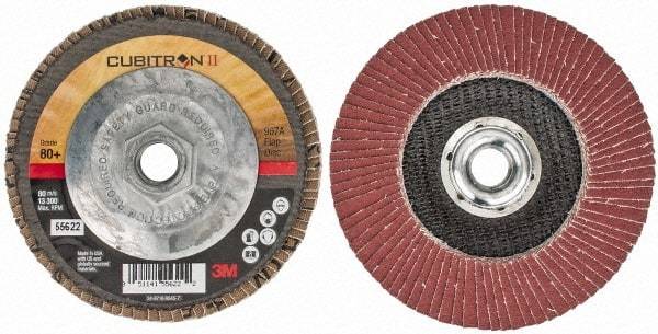3M - 80 Grit, 4-1/2" Disc Diam, 5/8-11 Center Hole, Type 29 Ceramic Flap Disc - 13,300 Max RPM, Cloth Backing, Arbor Attaching System, Coated - USA Tool & Supply