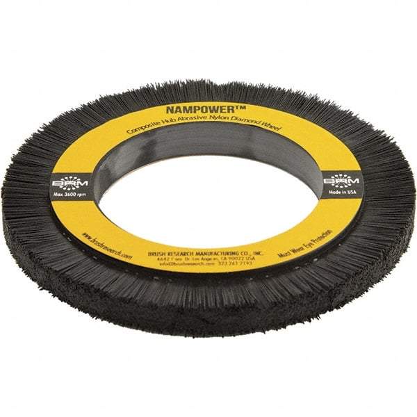 Brush Research Mfg. - 5-29/32" OD, 3-1/4" Arbor Hole, Crimped Abrasive Nylon Wheel Brush - 0.5906" Face Width, 3/4" Trim Length, 3,600 RPM - USA Tool & Supply
