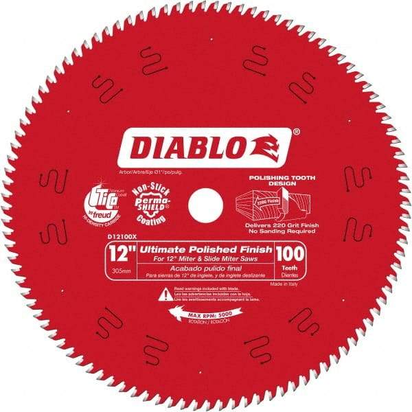 Freud - 12" Diam, 1" Arbor Hole Diam, 100 Tooth Wet & Dry Cut Saw Blade - Carbide-Tipped, Fine Finishing Action, Standard Round Arbor - USA Tool & Supply