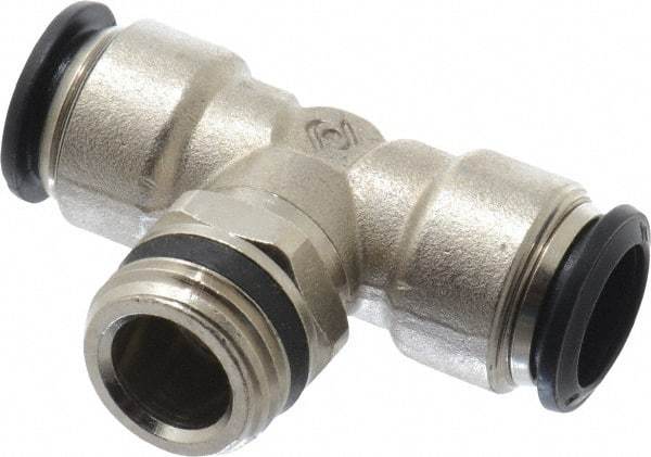 Alpha Technologies - 14mm Outside Diam, 1/2 Universal, Nickel Plated Brass Push-to-Connect Tube Male Swivel Branch Tee - 250 Max psi, Tube to Universal Thread Connection, Buna O-Ring - USA Tool & Supply