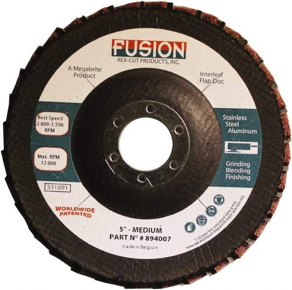 Rex Cut Product - 80 Grit, 5" Disc Diam, 7/8" Center Hole, Type 29 Aluminum Oxide Flap Disc - 12,200 Max RPM, Fiberglass Backing, Arbor Attaching System, Coated & Non-Woven Combo - USA Tool & Supply