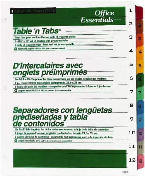 Office Essentials - 11 x 8 1/2" 1 to 12" Label, 12 Tabs, 3-Hole Punched, Preprinted Divider - Multicolor Tabs, White Folder - USA Tool & Supply