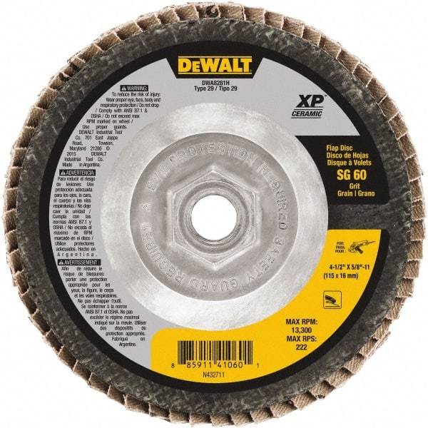 DeWALT - 60 Grit, 4-1/2" Disc Diam, 5/8-11 Center Hole, Type 29 Ceramic Flap Disc - 8,700 Max RPM, Poly Cotton Backing, Arbor Attaching System, Coated - USA Tool & Supply