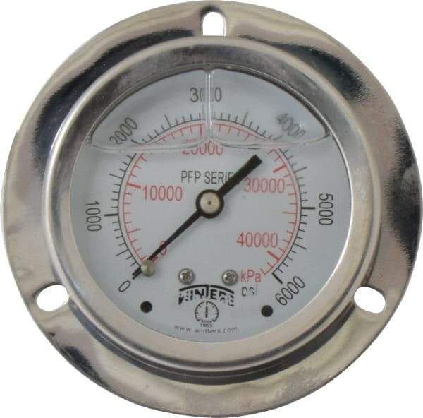 Winters - 2-1/2" Dial, 1/4 Thread, 0-6,000 Scale Range, Pressure Gauge - Front Flange Panel Mount, Center Back Connection Mount, Accurate to 1.6% of Scale - USA Tool & Supply