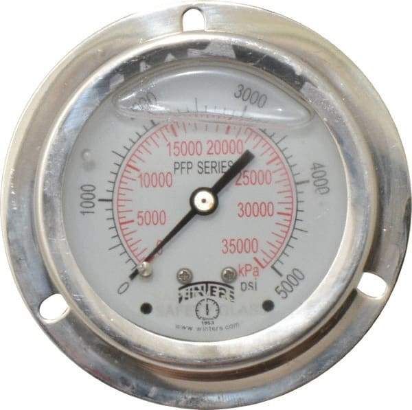 Winters - 2-1/2" Dial, 1/4 Thread, 0-5,000 Scale Range, Pressure Gauge - Front Flange Panel Mount, Center Back Connection Mount, Accurate to 1.6% of Scale - USA Tool & Supply
