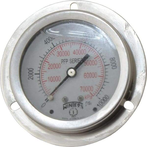 Winters - 2-1/2" Dial, 1/4 Thread, 0-10,000 Scale Range, Pressure Gauge - Front Flange Panel Mount, Center Back Connection Mount, Accurate to 1.6% of Scale - USA Tool & Supply
