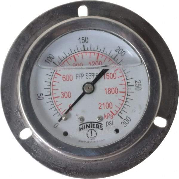 Winters - 2-1/2" Dial, 1/4 Thread, 0-300 Scale Range, Pressure Gauge - Front Flange Panel Mount, Center Back Connection Mount, Accurate to 1.6% of Scale - USA Tool & Supply