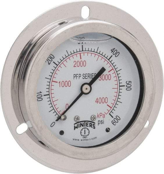 Winters - 2-1/2" Dial, 1/4 Thread, 0-600 Scale Range, Pressure Gauge - Front Flange Panel Mount, Center Back Connection Mount, Accurate to 1.6% of Scale - USA Tool & Supply