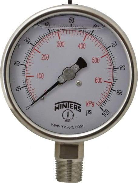 Winters - 4" Dial, 1/2 Thread, 0-100 Scale Range, Pressure Gauge - Lower Connection Mount, Accurate to 1% of Scale - USA Tool & Supply