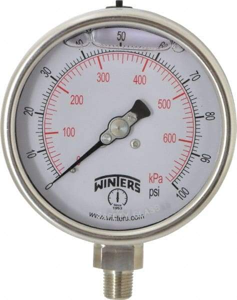 Winters - 4" Dial, 1/4 Thread, 0-100 Scale Range, Pressure Gauge - Lower Connection Mount, Accurate to 1% of Scale - USA Tool & Supply