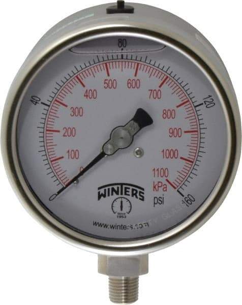 Winters - 4" Dial, 1/4 Thread, 0-160 Scale Range, Pressure Gauge - Lower Connection Mount, Accurate to 1% of Scale - USA Tool & Supply