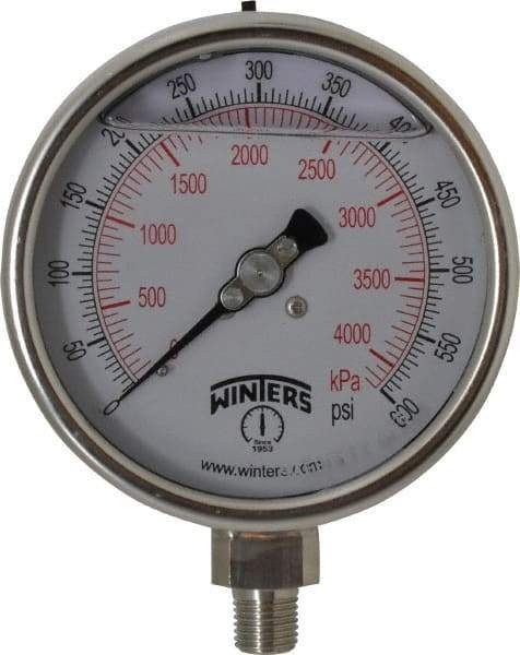 Winters - 4" Dial, 1/4 Thread, 0-600 Scale Range, Pressure Gauge - Lower Connection Mount, Accurate to 1% of Scale - USA Tool & Supply