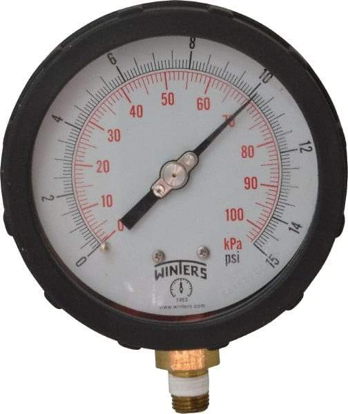 Winters - 4" Dial, 1/4 Thread, 0-15 Scale Range, Pressure Gauge - Lower Connection Mount, Accurate to 1% of Scale - USA Tool & Supply