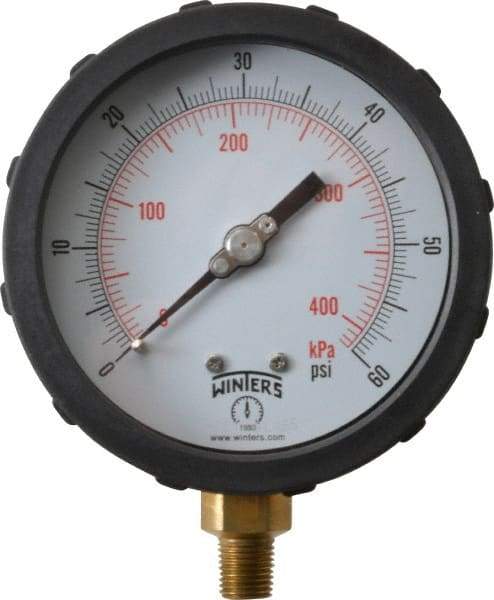 Winters - 4" Dial, 1/4 Thread, 0-60 Scale Range, Pressure Gauge - Lower Connection Mount, Accurate to 1% of Scale - USA Tool & Supply