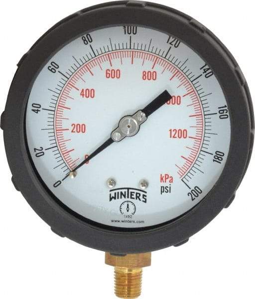 Winters - 4" Dial, 1/4 Thread, 0-200 Scale Range, Pressure Gauge - Lower Connection Mount, Accurate to 1% of Scale - USA Tool & Supply
