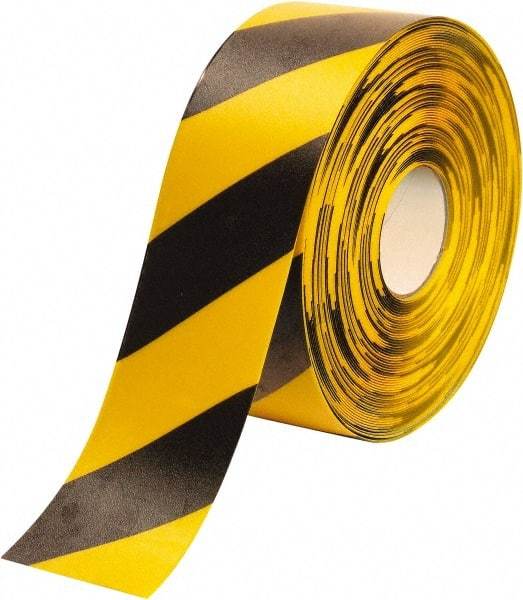 PRO-SAFE - Black & Yellow Striped PVC Tape - 4" Wide x 100' Long x 50 mil Thick, General Traffic - USA Tool & Supply