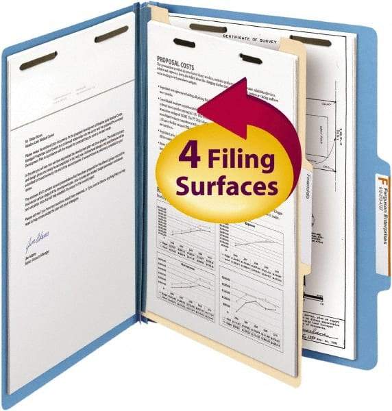 SMEAD - 8-1/2 x 11", Letter Size, Blue, Classification Folders with Top Tab Fastener - 14 Point Stock, Right of Center Tab Cut Location - USA Tool & Supply