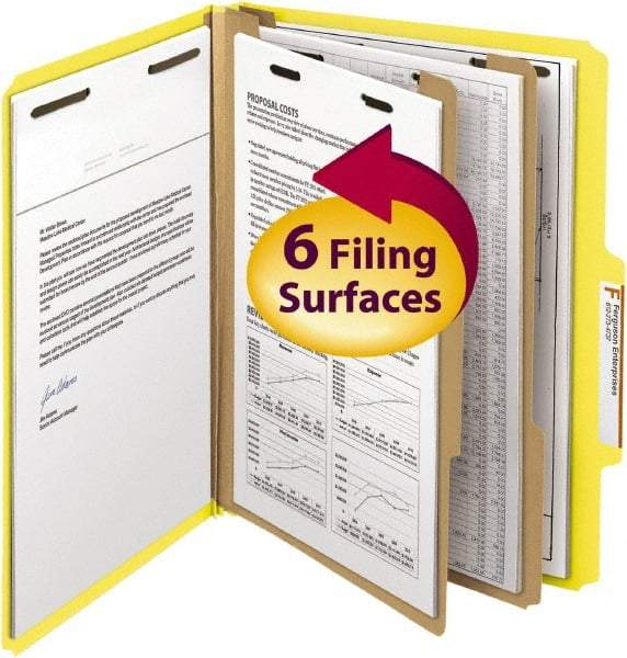 SMEAD - 8-1/2 x 11", Letter Size, Yellow, Classification Folders with Top Tab Fastener - 14 Point Stock, Right of Center Tab Cut Location - USA Tool & Supply