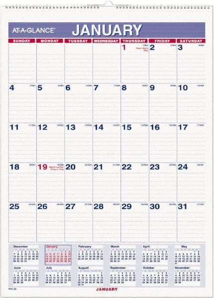 AT-A-GLANCE - 12 Sheet, 8" x 11", Wall Calendar - Blue & Red - USA Tool & Supply