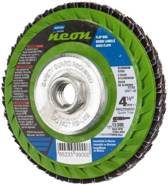 Norton - 40 Grit, 4-1/2" Disc Diam, 5/8-11 Center Hole, Type 27 Ceramic Alumina Flap Disc - 13,300 Max RPM, Polyester Backing, Arbor Attaching System, Coated - USA Tool & Supply
