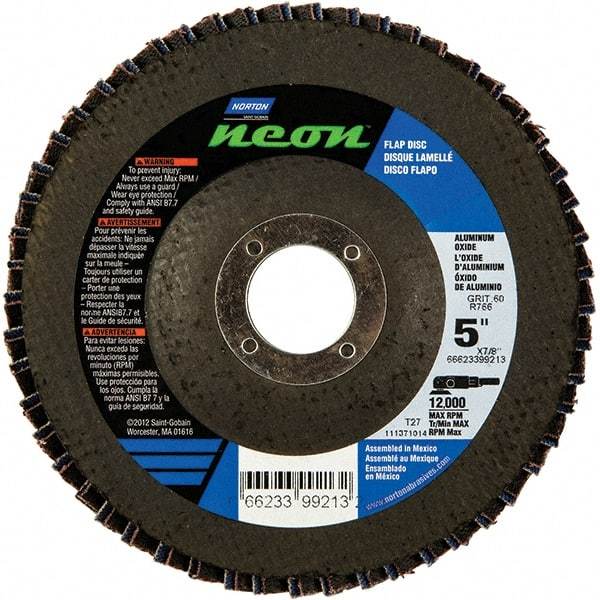 Norton - 36 Grit, 5" Disc Diam, 7/8" Center Hole, Type 27 Ceramic Alumina Flap Disc - 12,000 Max RPM, Polyester Backing, Arbor Attaching System, Coated - USA Tool & Supply