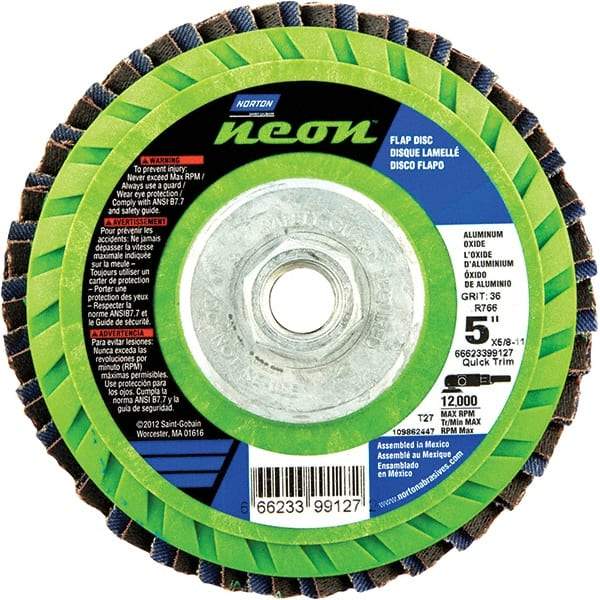 Norton - 40 Grit, 5" Disc Diam, 5/8-11 Center Hole, Type 27 Ceramic Alumina Flap Disc - 12,000 Max RPM, Polyester Backing, Arbor Attaching System, Coated - USA Tool & Supply