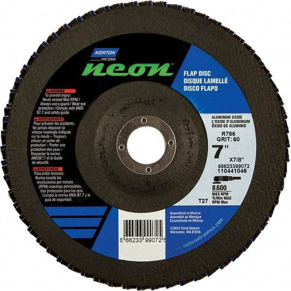 Norton - 36 Grit, 7" Disc Diam, 7/8" Center Hole, Type 27 Ceramic Alumina Flap Disc - 8,600 Max RPM, Polyester Backing, Arbor Attaching System, Coated - USA Tool & Supply