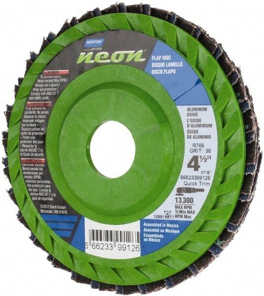 Norton - 36 Grit, 4-1/2" Disc Diam, 7/8" Center Hole, Type 27 Ceramic Alumina Flap Disc - 13,300 Max RPM, Polyester Backing, Arbor Attaching System, Coated - USA Tool & Supply