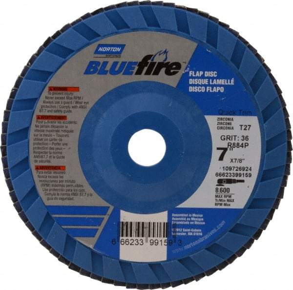 Norton - 36 Grit, 7" Disc Diam, 7/8" Center Hole, Type 27 Zirconia Alumina Flap Disc - 8,600 Max RPM, Cloth Backing, Arbor Attaching System, Coated - USA Tool & Supply