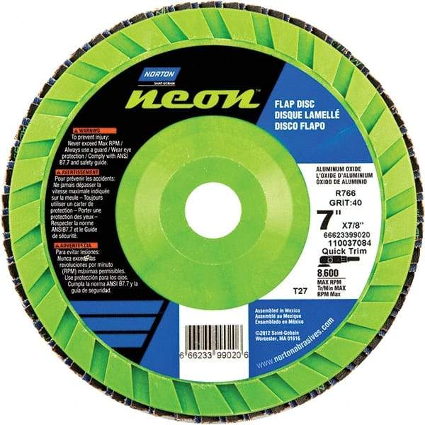 Norton - 80 Grit, 7" Disc Diam, 7/8" Center Hole, Type 27 Ceramic Alumina Flap Disc - 8,600 Max RPM, Polyester Backing, Arbor Attaching System, Coated - USA Tool & Supply