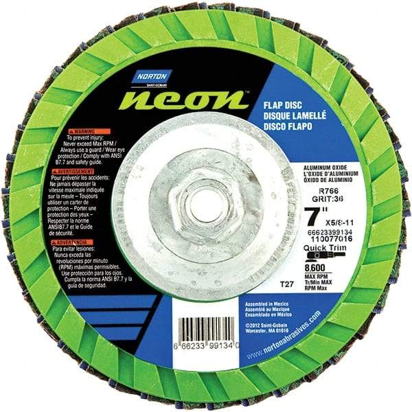 Norton - 60 Grit, 7" Disc Diam, 5/8-11 Center Hole, Type 27 Ceramic Alumina Flap Disc - 8,600 Max RPM, Polyester Backing, Arbor Attaching System, Coated - USA Tool & Supply