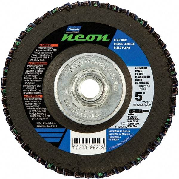 Norton - 80 Grit, 5" Disc Diam, 5/8-11 Center Hole, Type 27 Ceramic Alumina Flap Disc - 12,000 Max RPM, Polyester Backing, Arbor Attaching System, Coated - USA Tool & Supply
