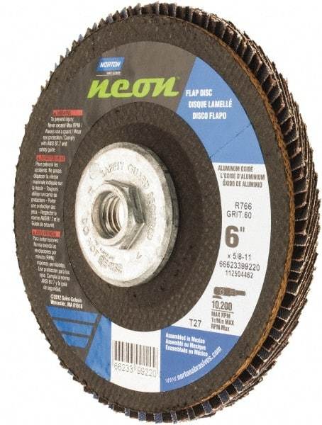 Norton - 60 Grit, 6" Disc Diam, 5/8-11 Center Hole, Type 27 Ceramic Alumina Flap Disc - 10,200 Max RPM, Polyester Backing, Arbor Attaching System, Coated - USA Tool & Supply