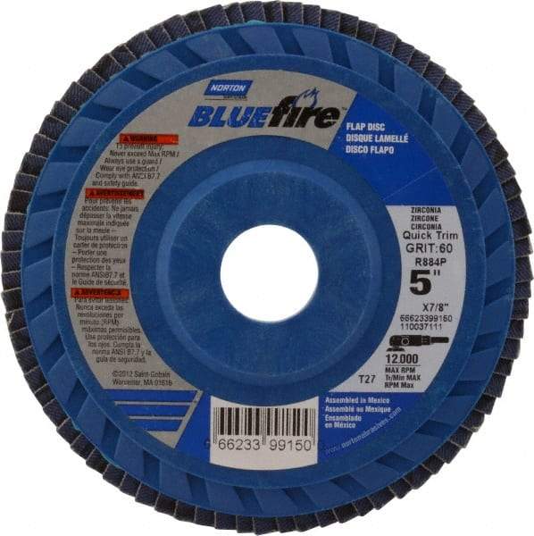 Norton - 60 Grit, 5" Disc Diam, 7/8" Center Hole, Type 27 Zirconia Alumina Flap Disc - 12,000 Max RPM, Cloth Backing, Arbor Attaching System, Coated - USA Tool & Supply