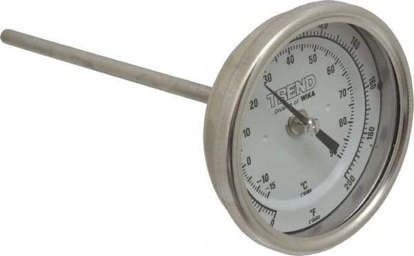 Wika - 6 Inch Long Stem, 3 Inch Dial Diameter, Stainless Steel, Back Connected Bi-Metal Thermometer - -15 to 90°C, 1% Accuracy - USA Tool & Supply