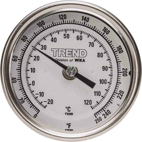 Wika - 6 Inch Long Stem, 3 Inch Dial Diameter, Stainless Steel, Back Connected Bi-Metal Thermometer - -20 to 120°C, 1% Accuracy - USA Tool & Supply