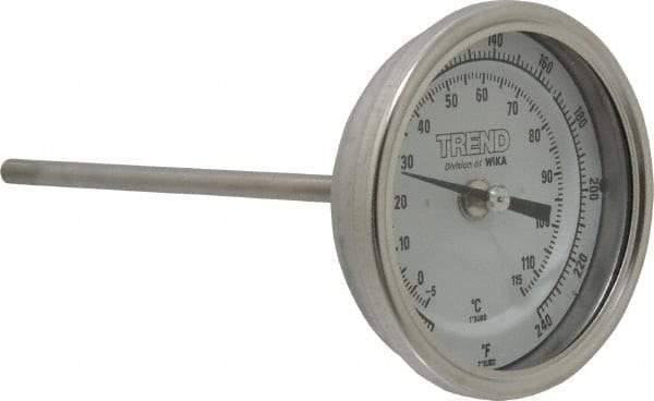 Wika - 6 Inch Long Stem, 3 Inch Dial Diameter, Stainless Steel, Back Connected Bi-Metal Thermometer - -5 to 115°C, 1% Accuracy - USA Tool & Supply