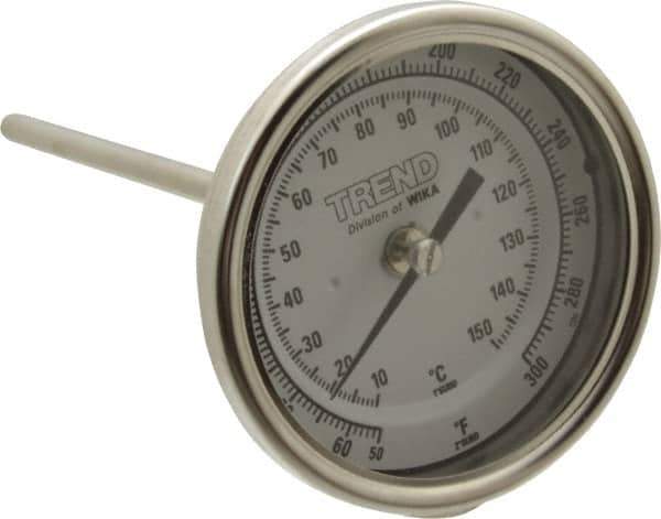 Wika - 6 Inch Long Stem, 3 Inch Dial Diameter, Stainless Steel, Back Connected Bi-Metal Thermometer - 10 to 150°C, 1% Accuracy - USA Tool & Supply