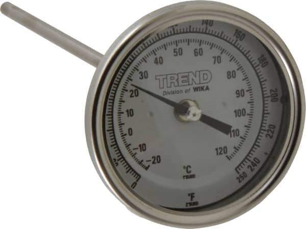 Wika - 9 Inch Long Stem, 3 Inch Dial Diameter, Stainless Steel, Back Connected Bi-Metal Thermometer - -20 to 120°C, 1% Accuracy - USA Tool & Supply
