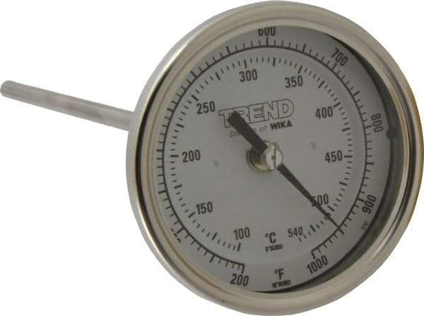 Wika - 9 Inch Long Stem, 3 Inch Dial Diameter, Stainless Steel, Back Connected Bi-Metal Thermometer - 100 to 540°C, 1% Accuracy - USA Tool & Supply